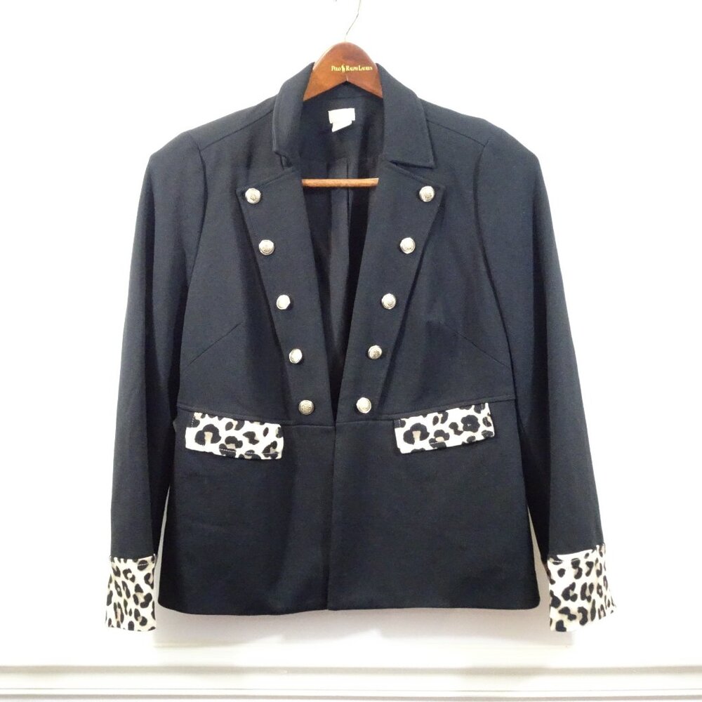 Chicos Black Leopard Trim Gold Button Blazer Size 1 US 8-10 Career Military